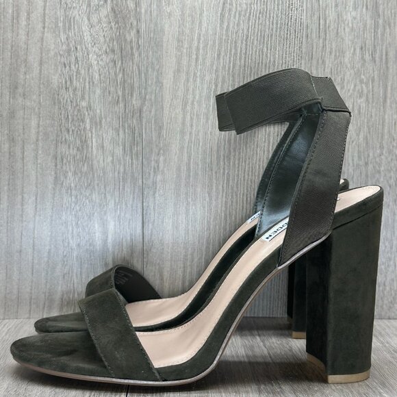 Steve Madden Celebrate Heeled Sandal Womens 9.5M Elastic Ankle Strap Suede Olive - Picture 2 of 13